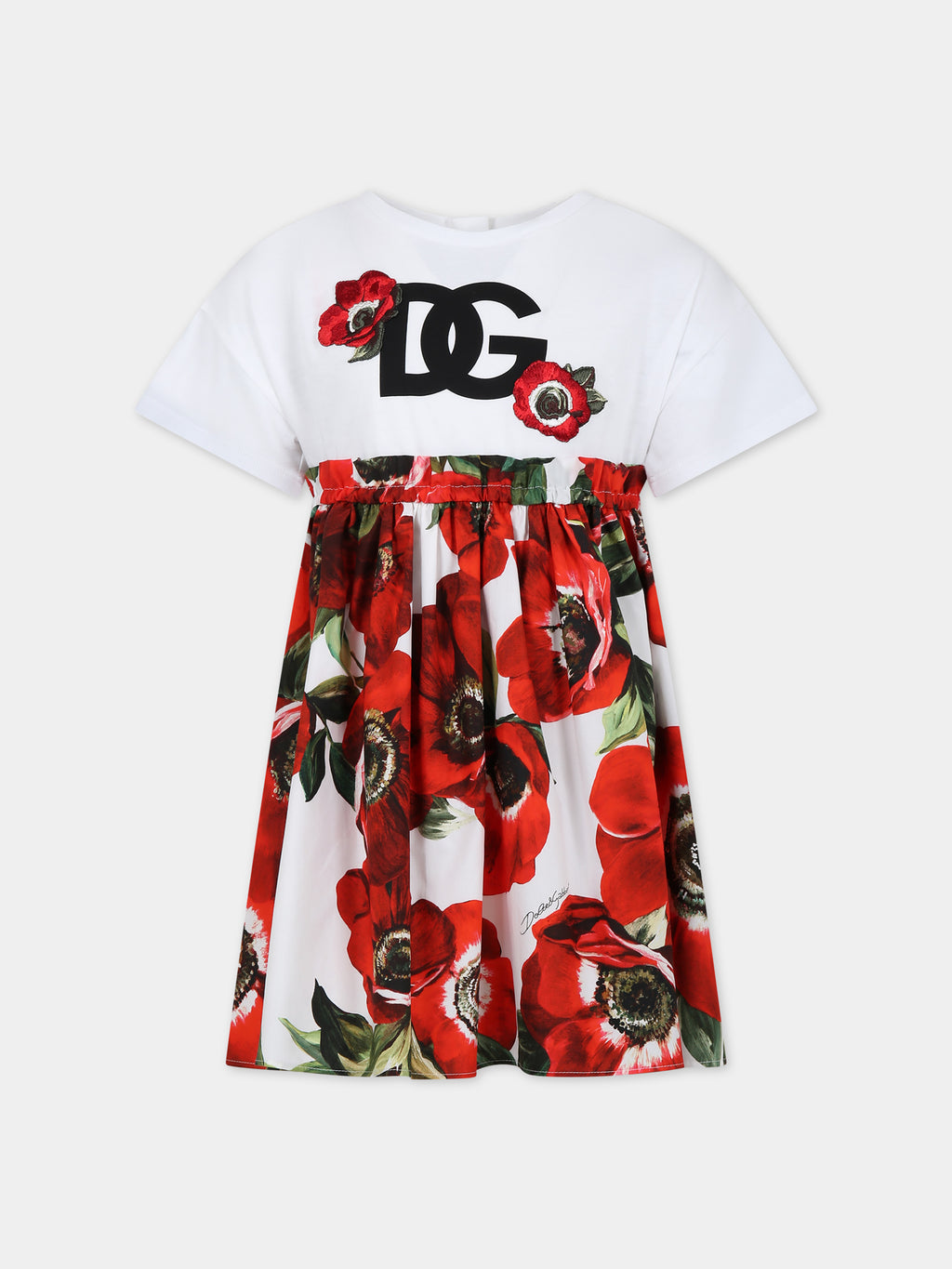 Casual white dress for girl with poppies and logo