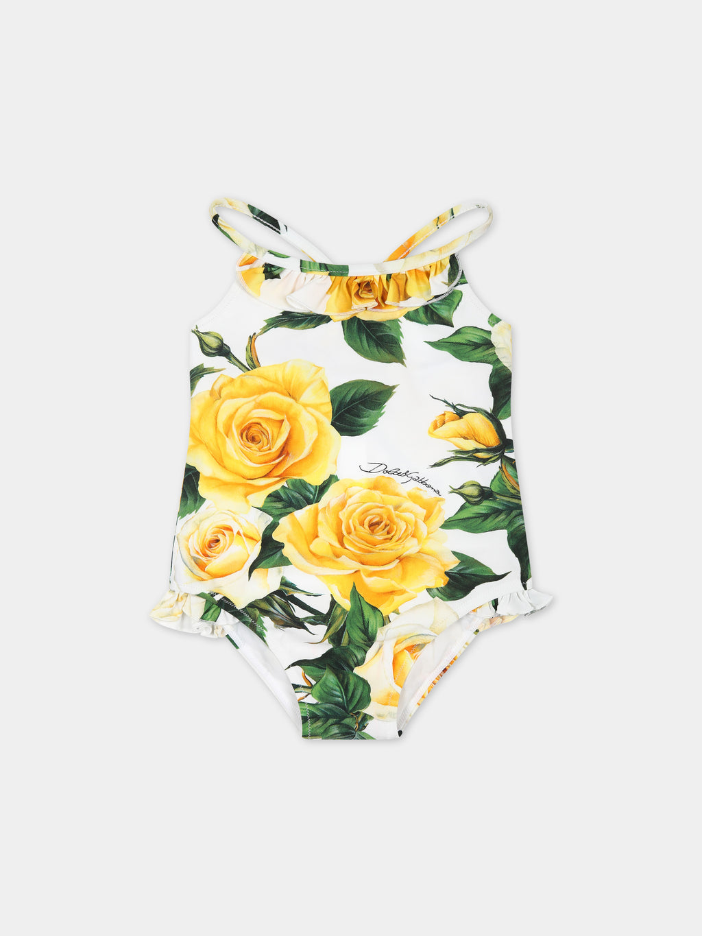 White swimsuit for baby girl with flowering pattern