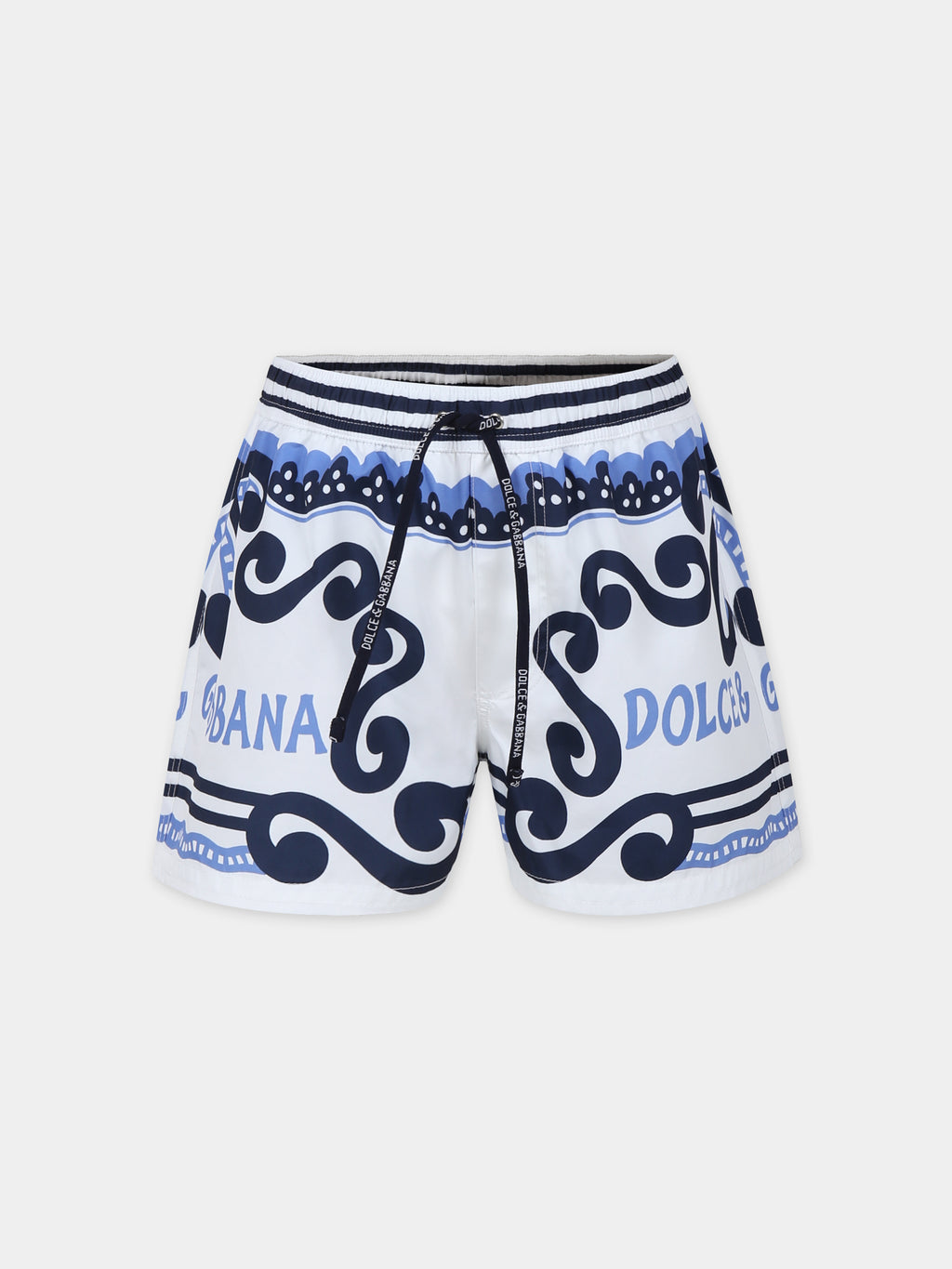 White swimsuit for boy with bandana print and logo