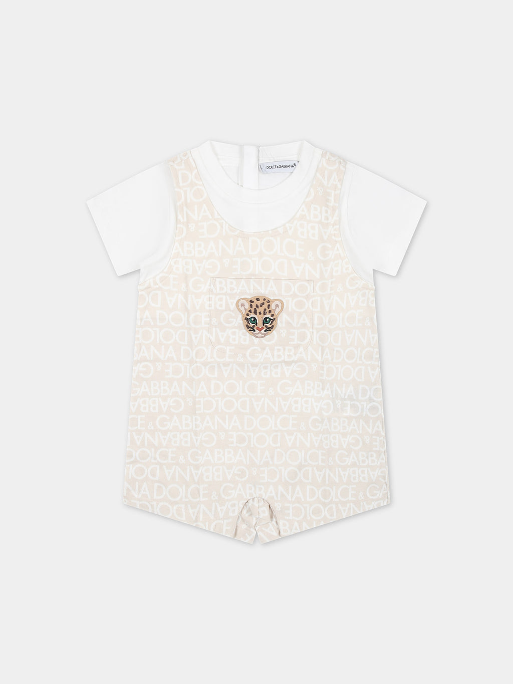 Beige romper for babies with tiger and all-over logo