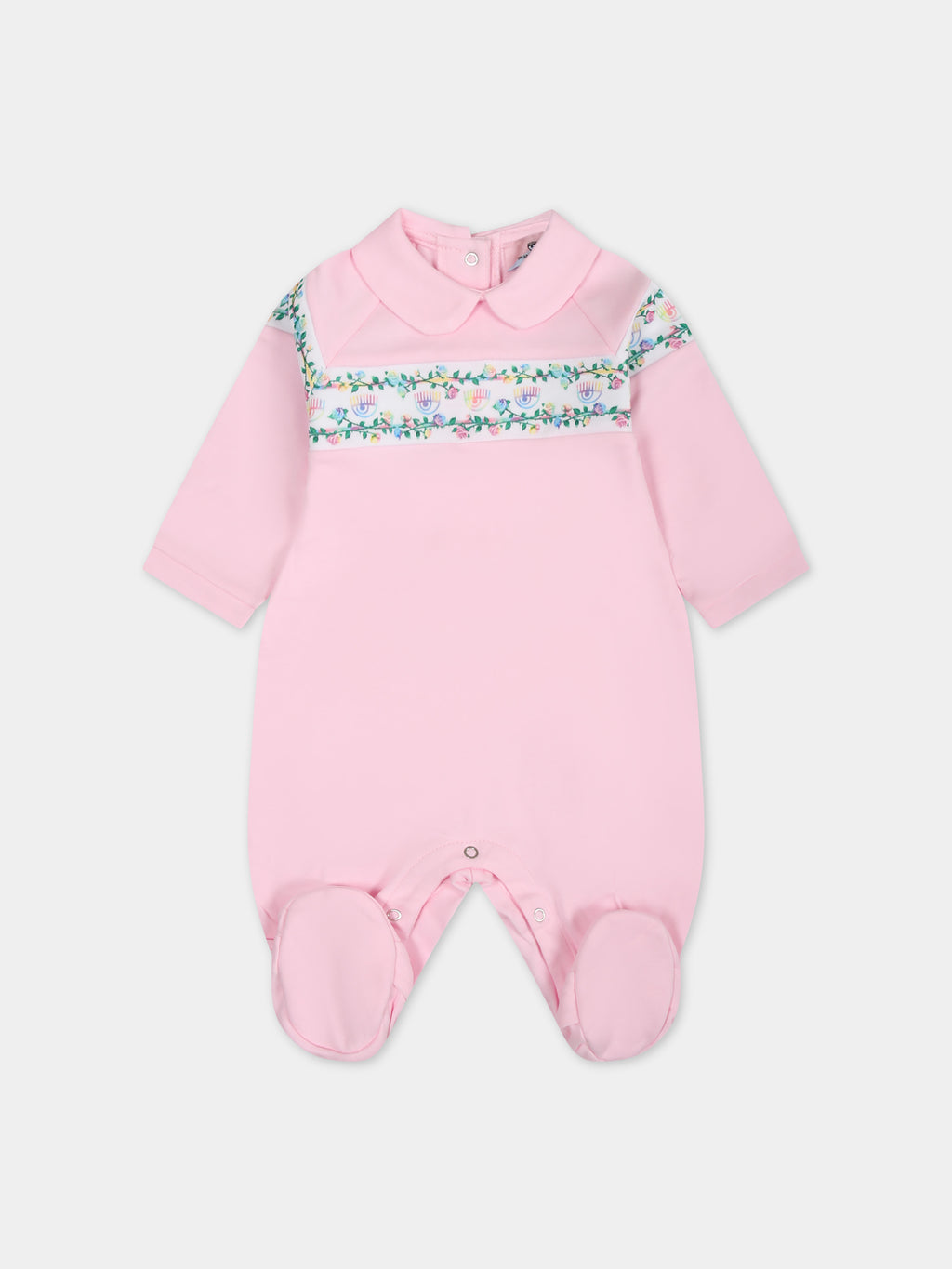 Pink playsuit for baby girl with flirting eyes and multicolor roses