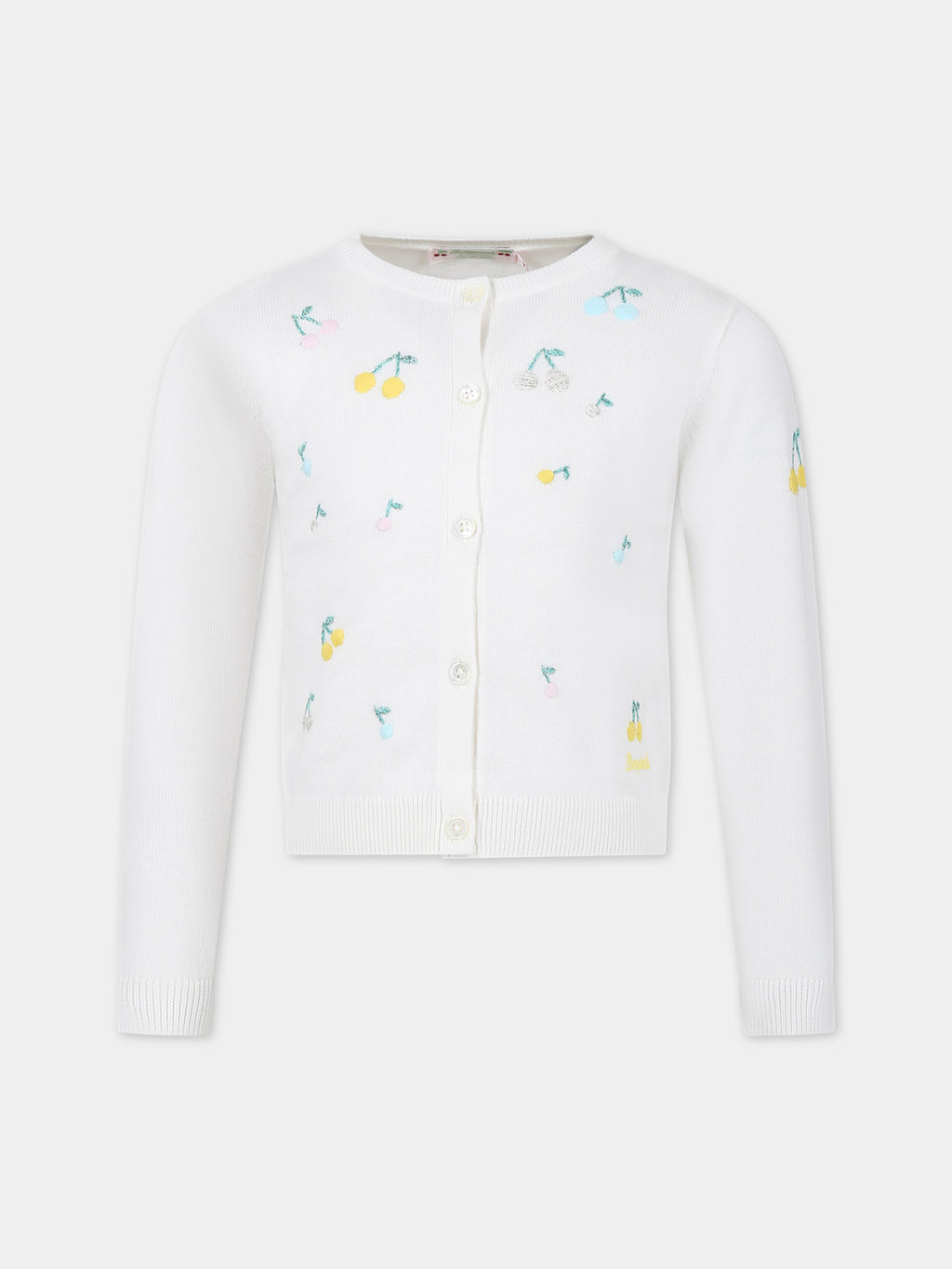 White cardigan for girl with multicolored cherries embroidered all-over