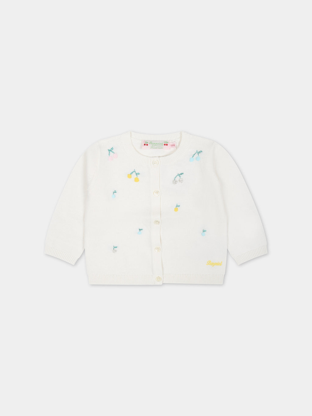 White cardigan for baby girl with all-over embroidered cherries