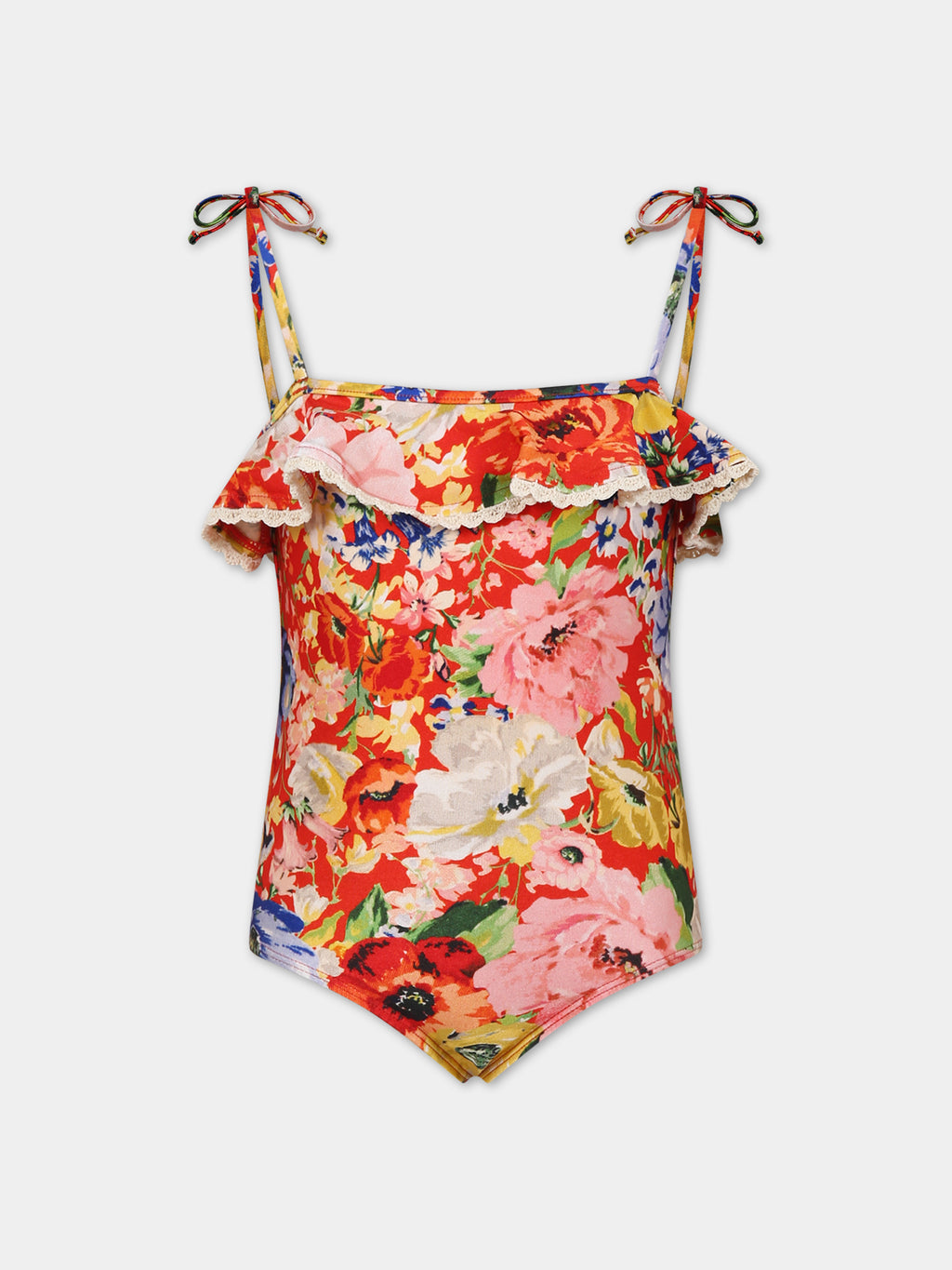 One-piece red swimsuit for girl with floral print
