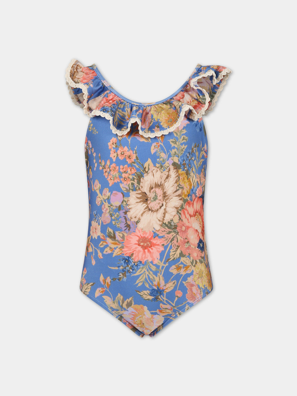 One-piece blue swimsuit for girl with floral print