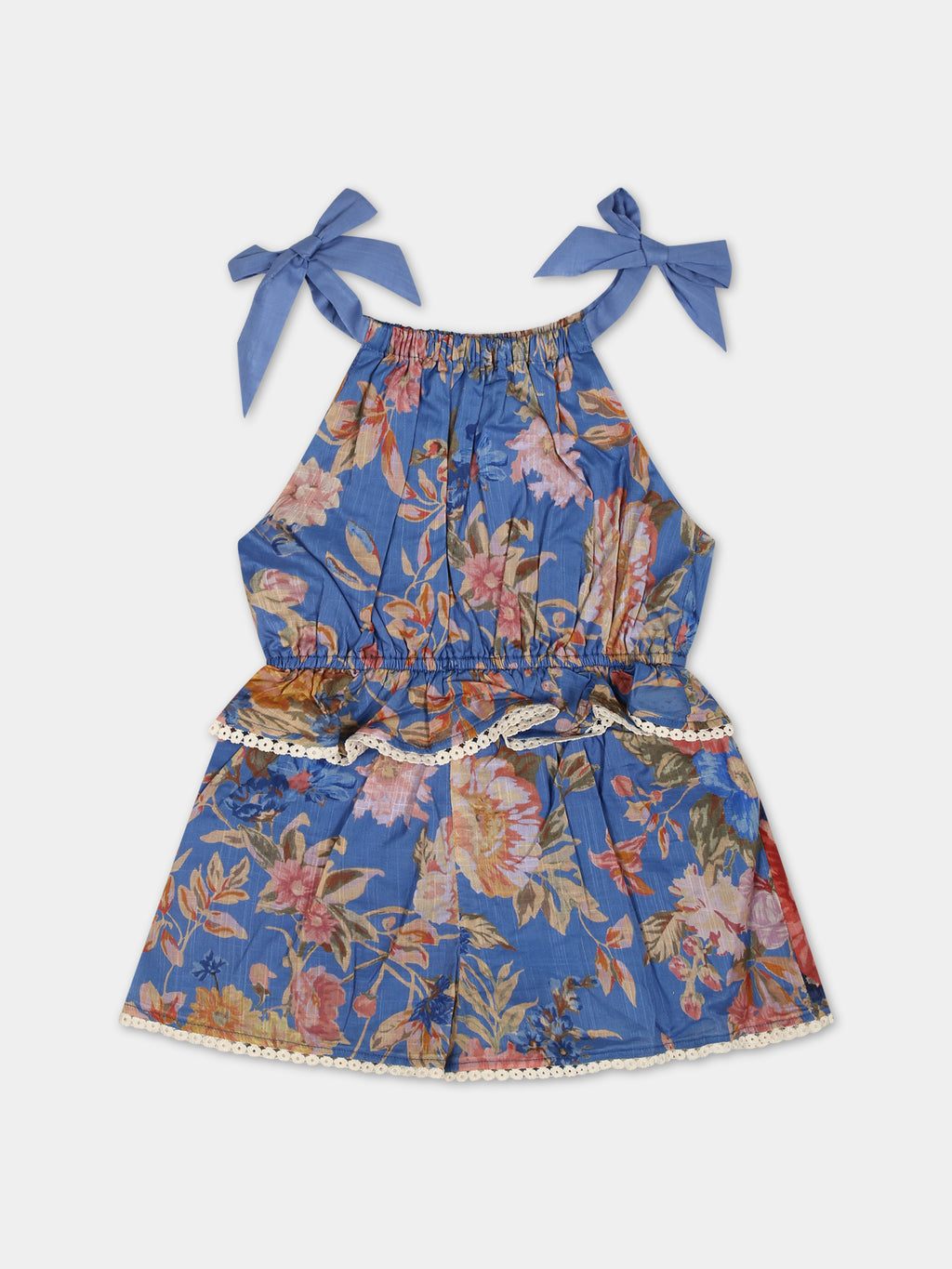 Blue dungarees for girl with floral print