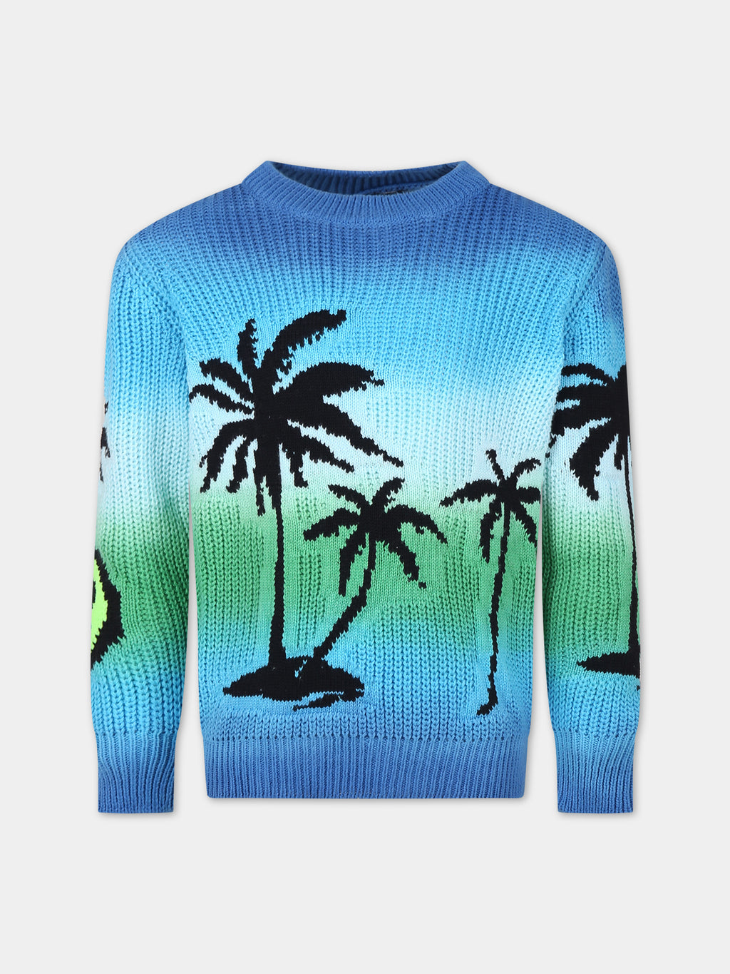 Light blue cotton sweater for kids with smiley and palm trees