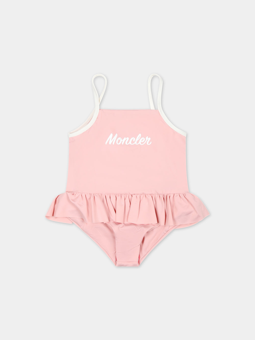 Pink one-piece swimsuit for baby girl with logo