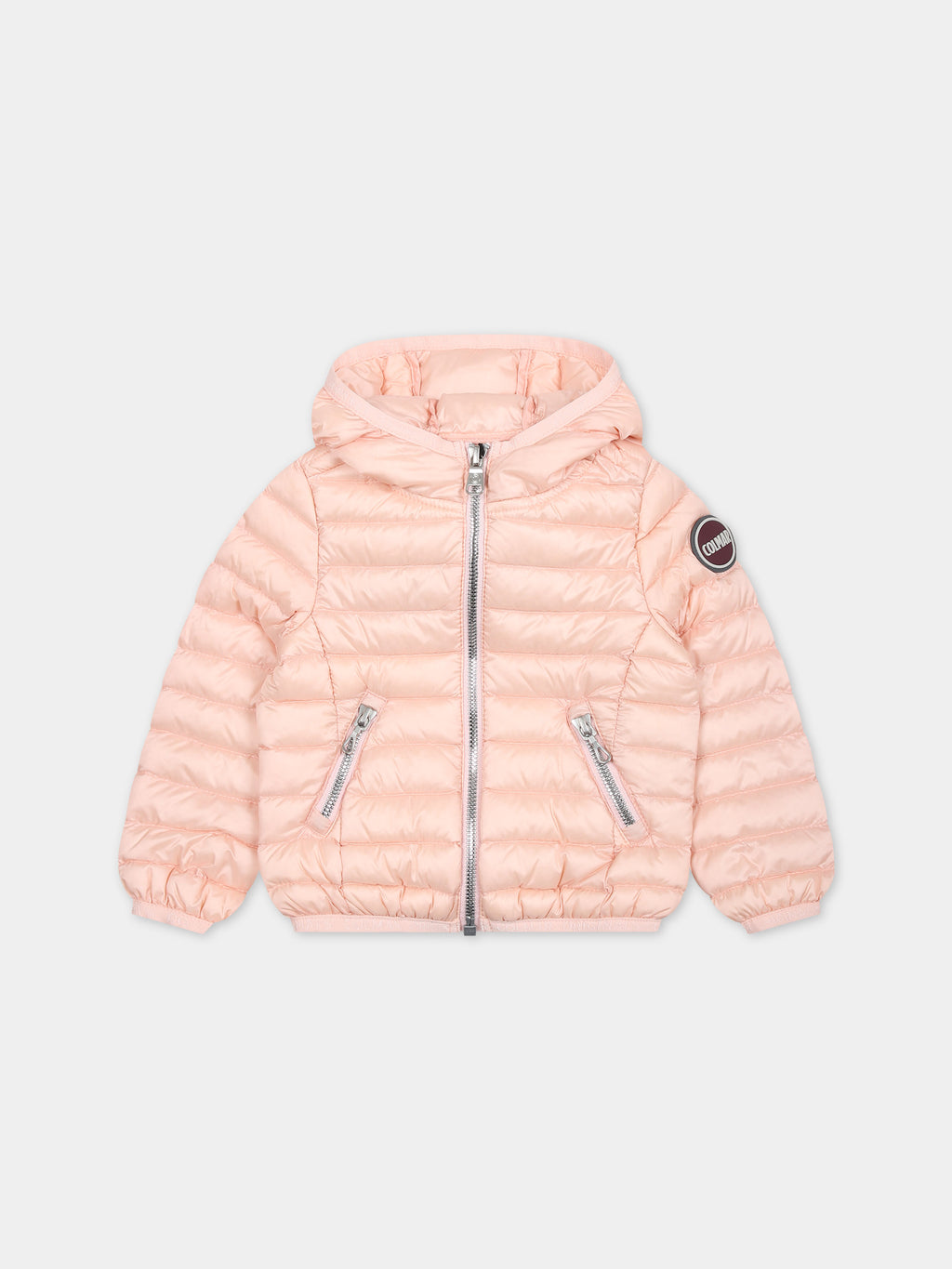 Pink down jacket for baby girl with logo