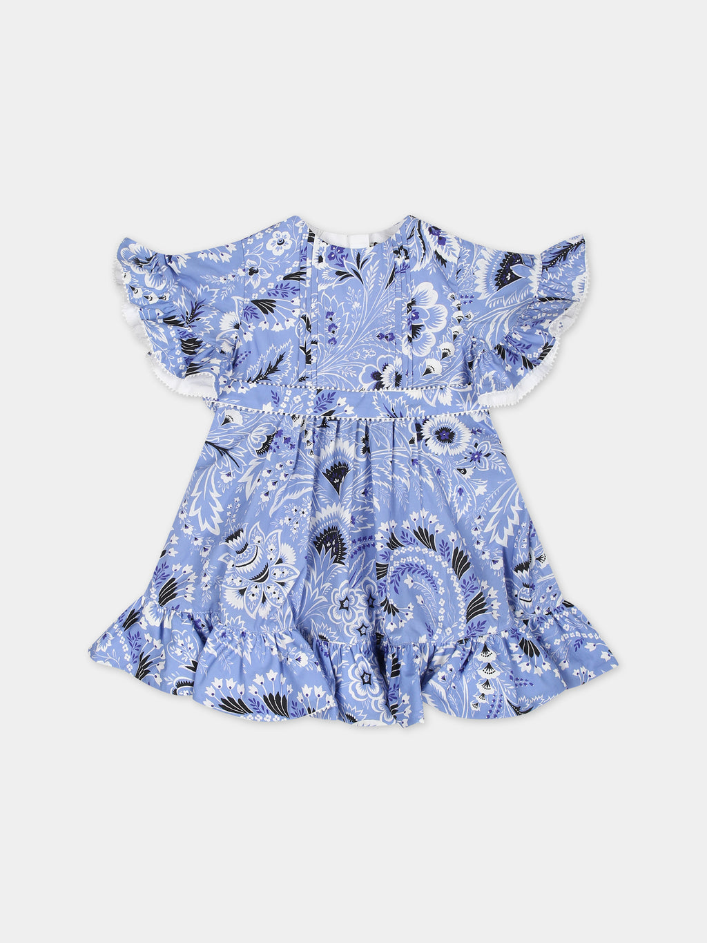 Elegant sky blue dress for baby girl with paisley pattern