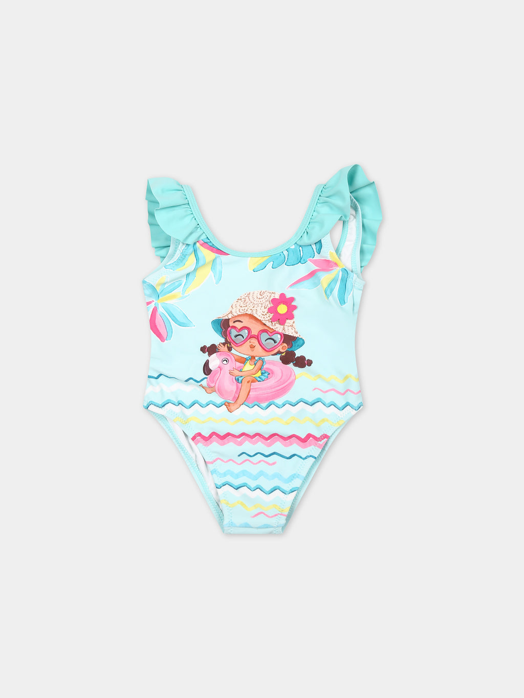 Green swimsuit for baby girl with flamingo and flower