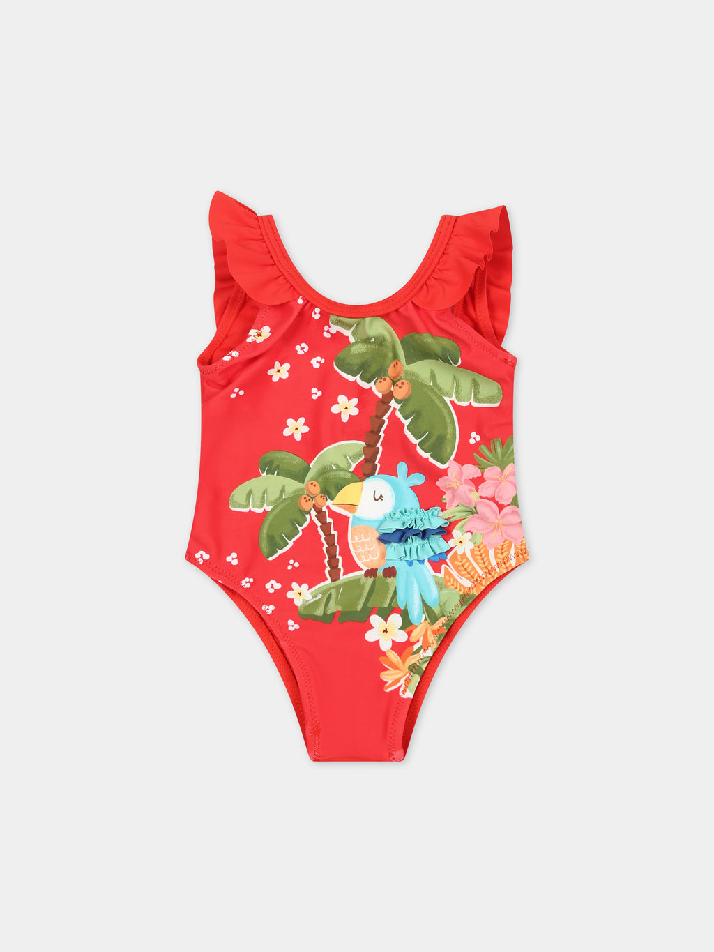 Red swimsuit for baby girl with parrot and flower