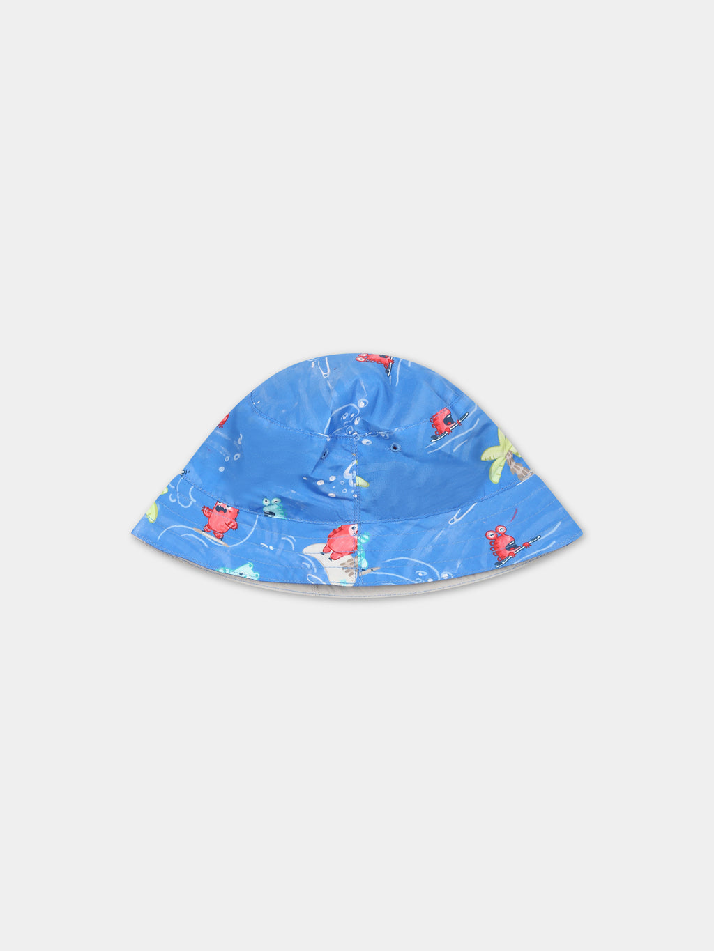 Reversible light blue cloche for baby boy with monsters