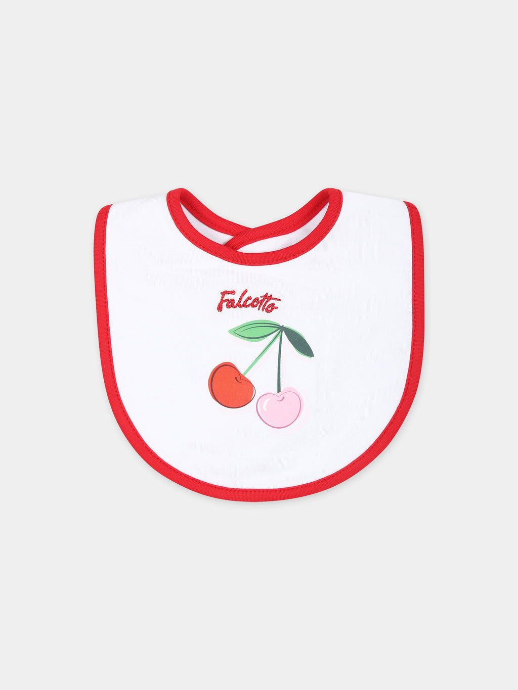 White bib for baby girl with cherries and logo