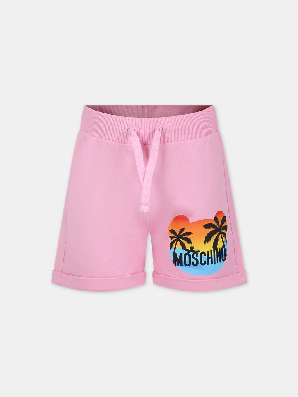 Pink shorts for girl with multicolor print and logo