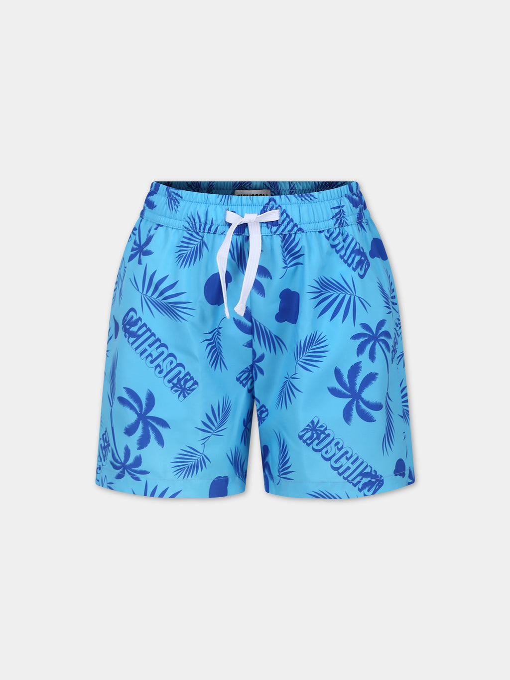 Light blue swim shorts for boy with tropical pattern and all-over logo