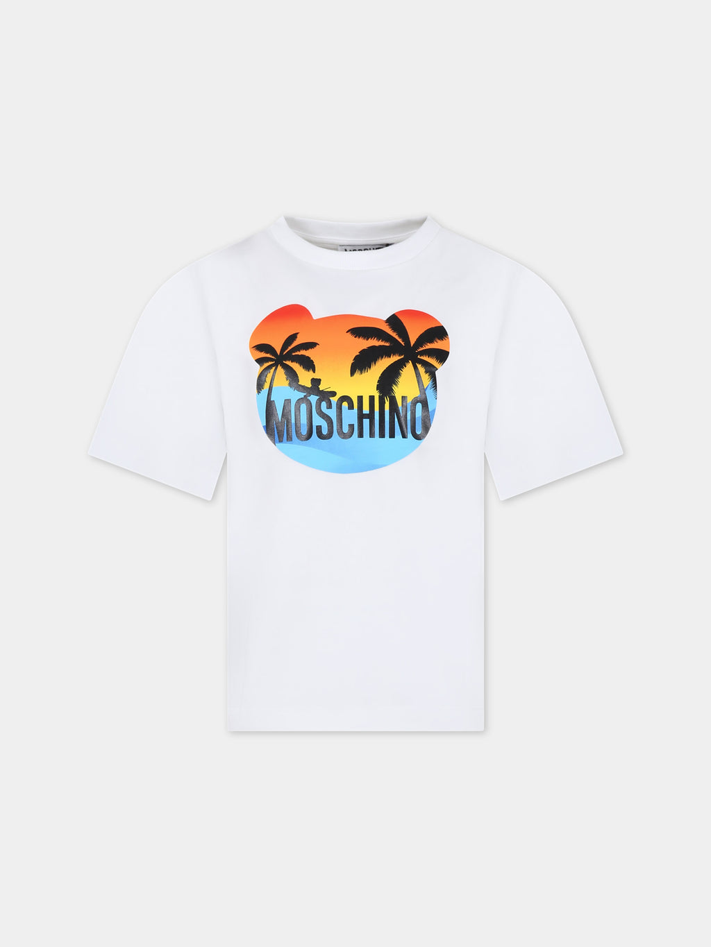 White t-shirt for kids with multicolor print and logo