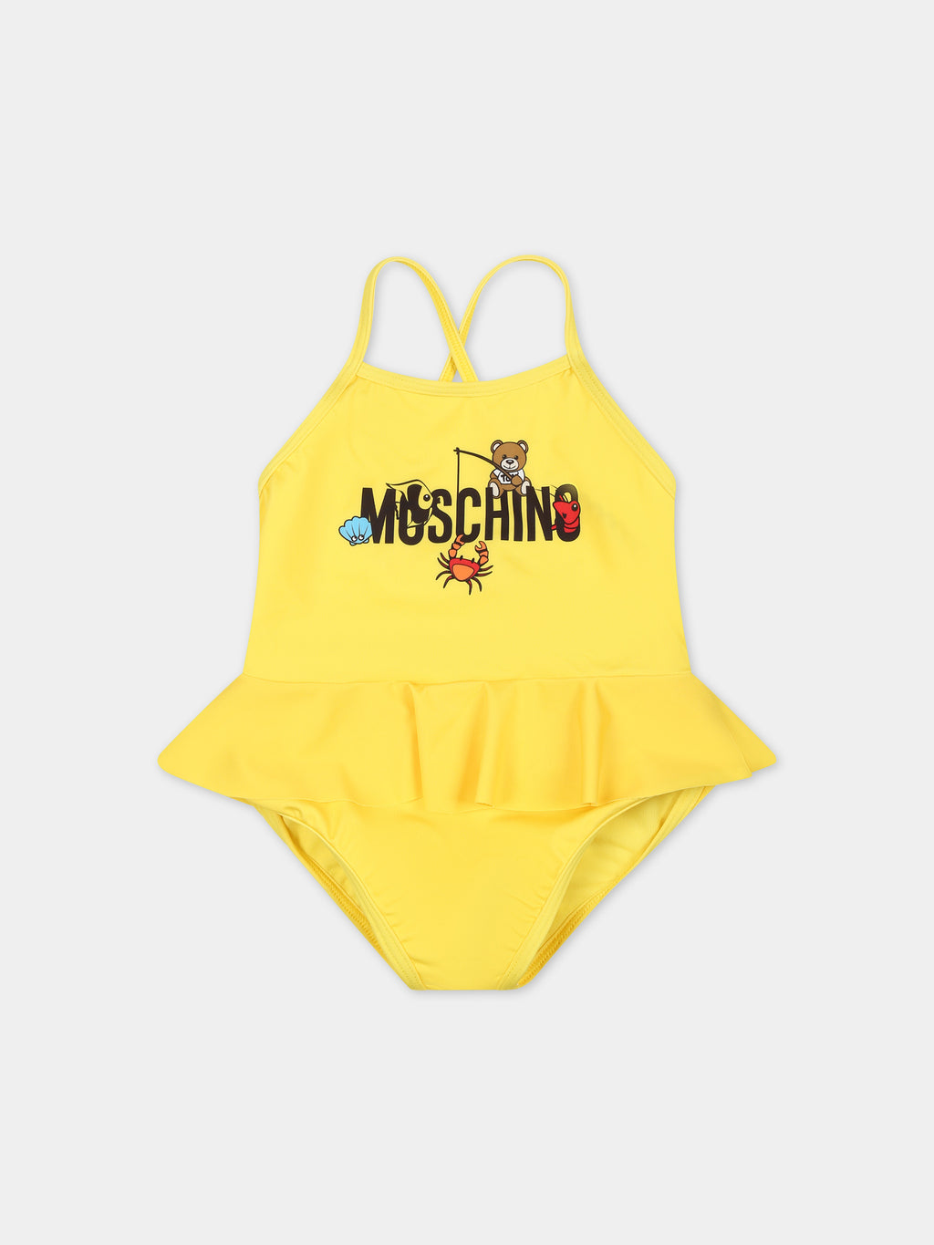 Yellow swimsuit for baby girl with Teddy Bear and marine animals