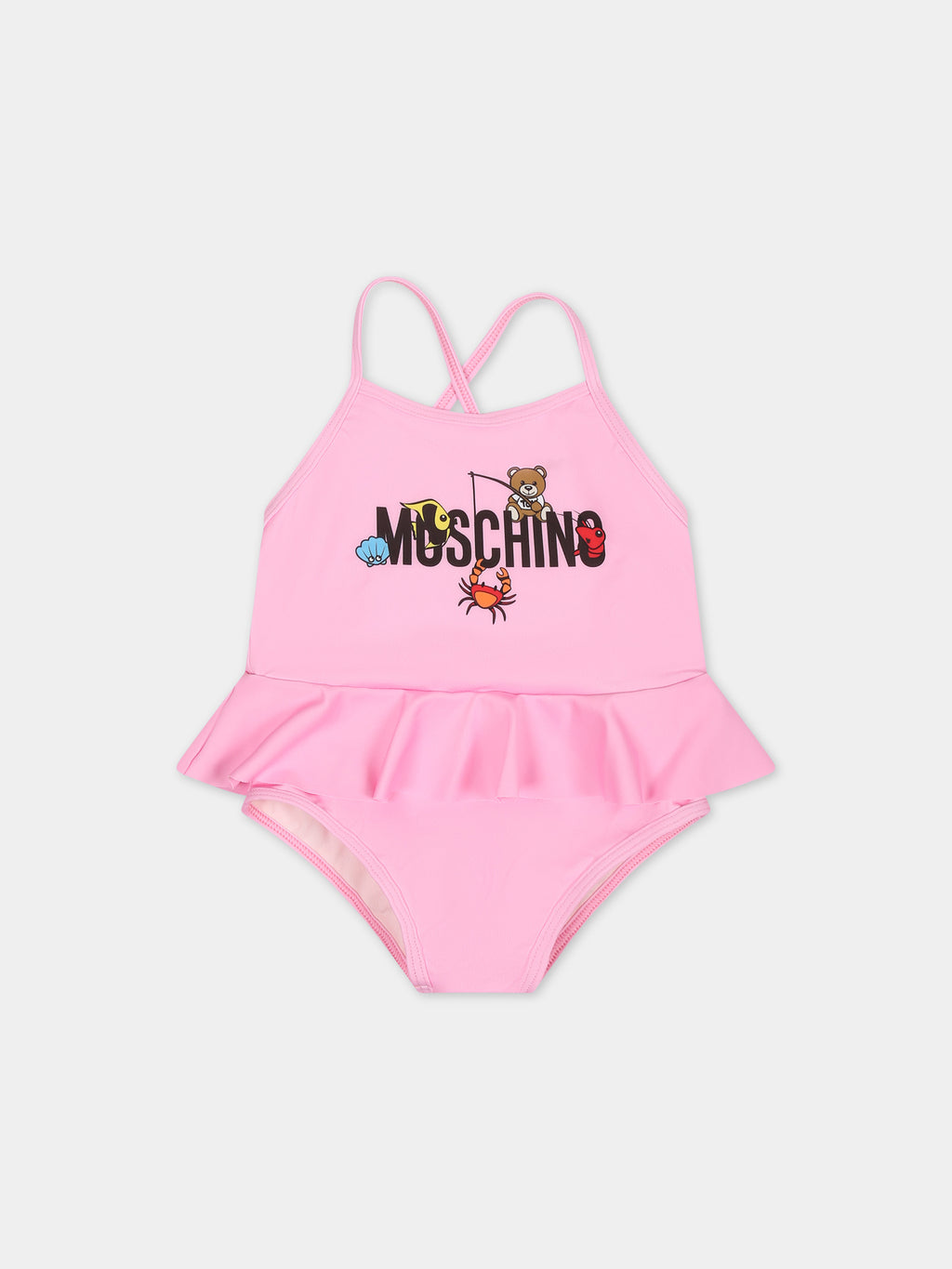 Pink one piece swimsuit for baby girl with logo