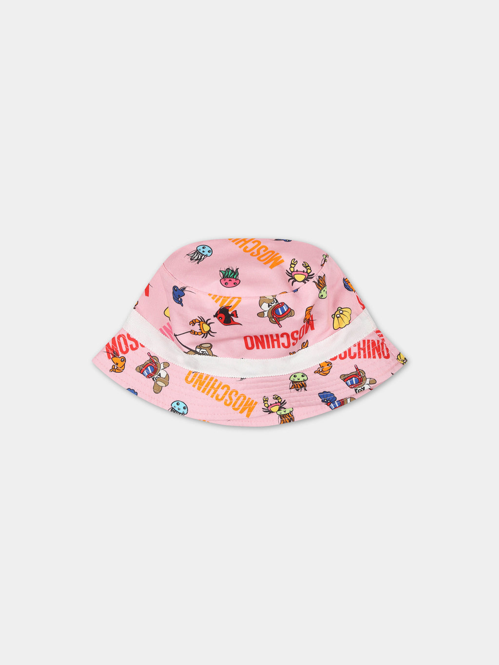 Pink cloche for baby girl with animal pattern and all-over multicolor logo