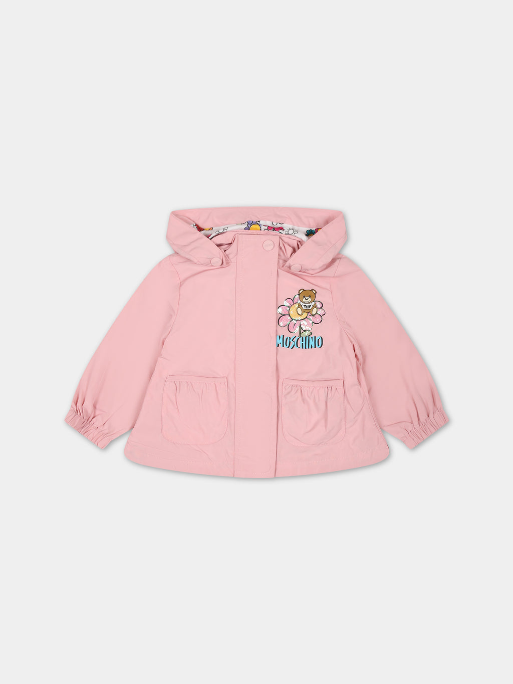 Pink raincoat for baby girl with Teddy Bear and logo
