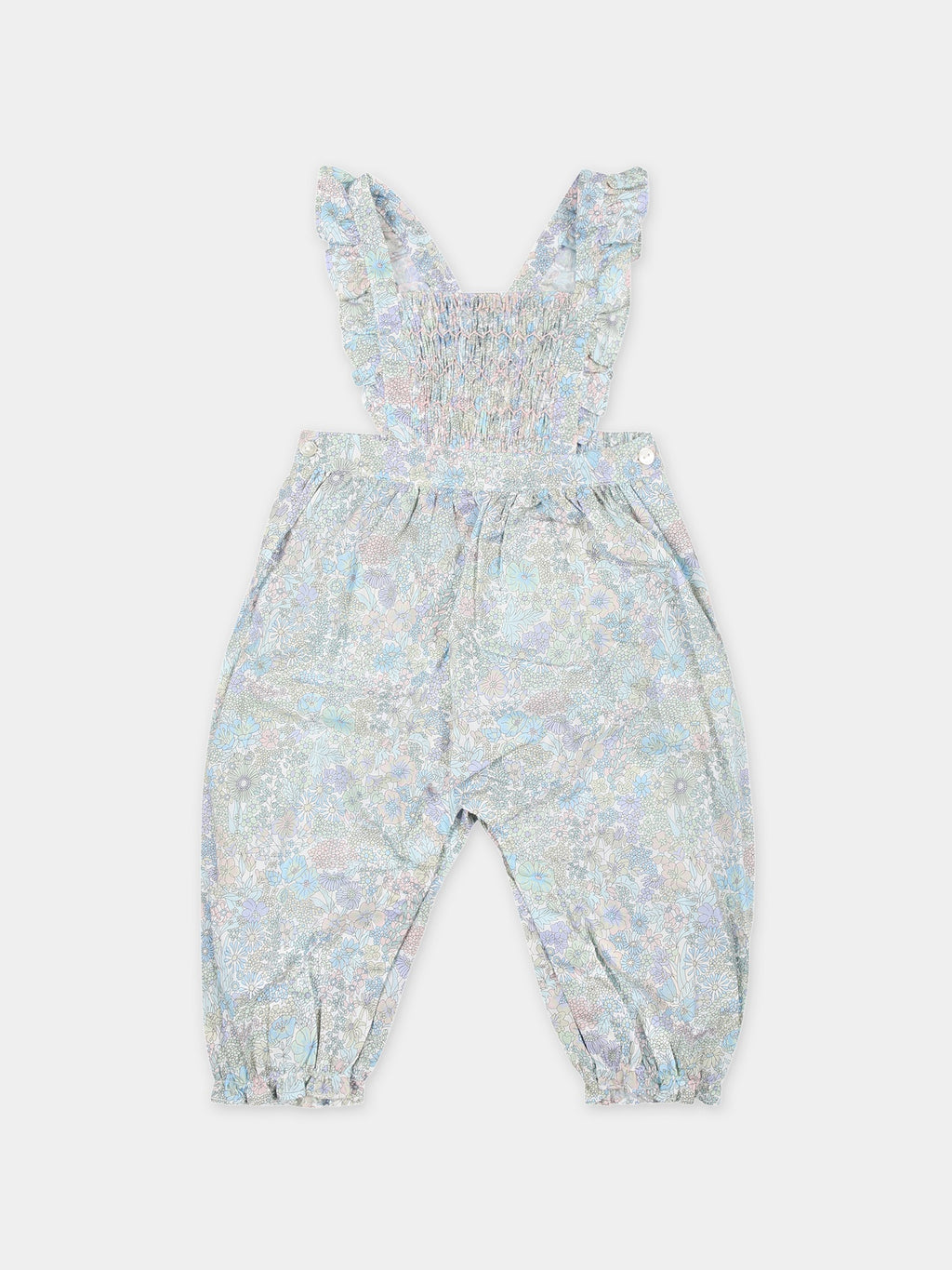 Light blue cotton dungarees for baby girl with floral print