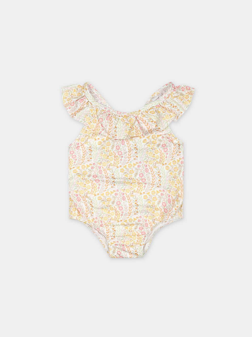 Ivory one-piece swimsuit for baby girl with Liberty fabric