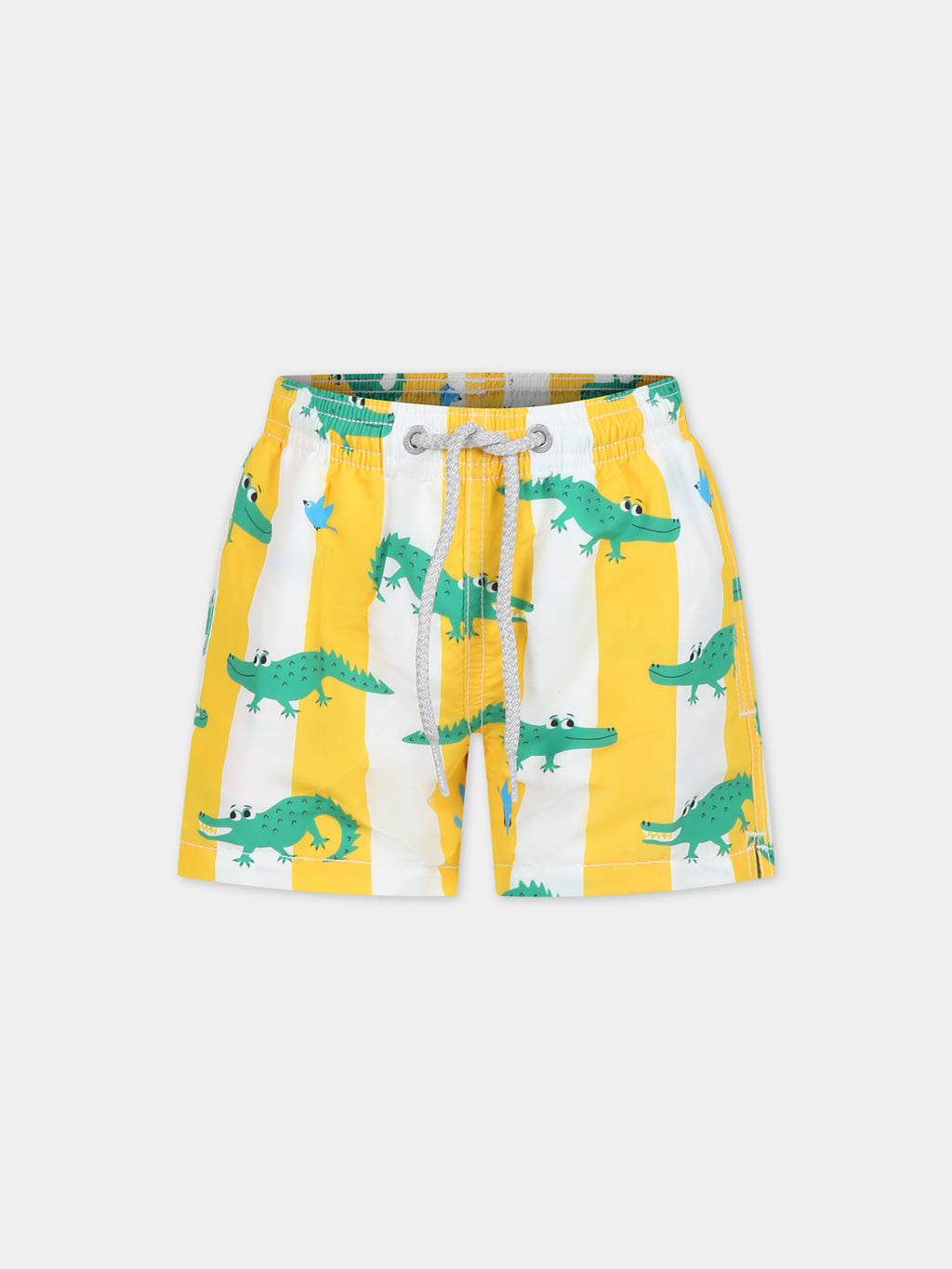 Yellow swim shorts for boy with crocodile print