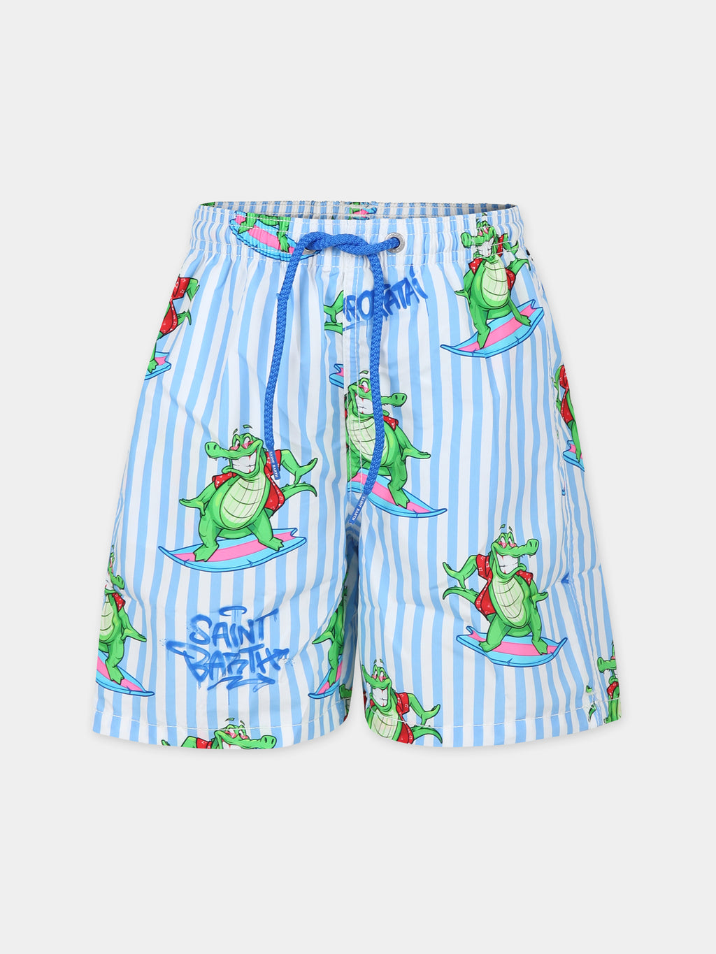 Light blue swim shorts for boy with crocodile print