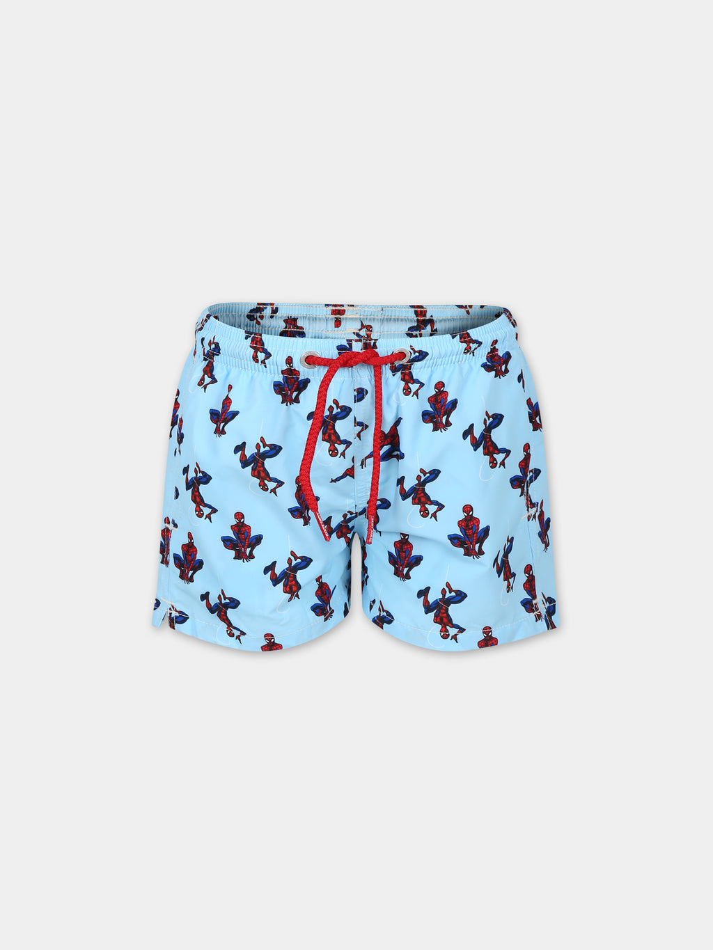 Light blue swim shorts for boy with Spiderman print