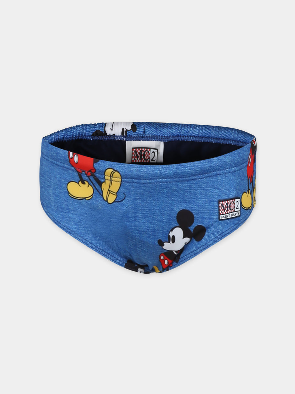 Blue swim briefs for boy with Mickey Mouse print and logo