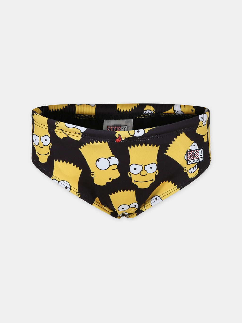 Black swim briefs for boy with Bart Simpson print and logo