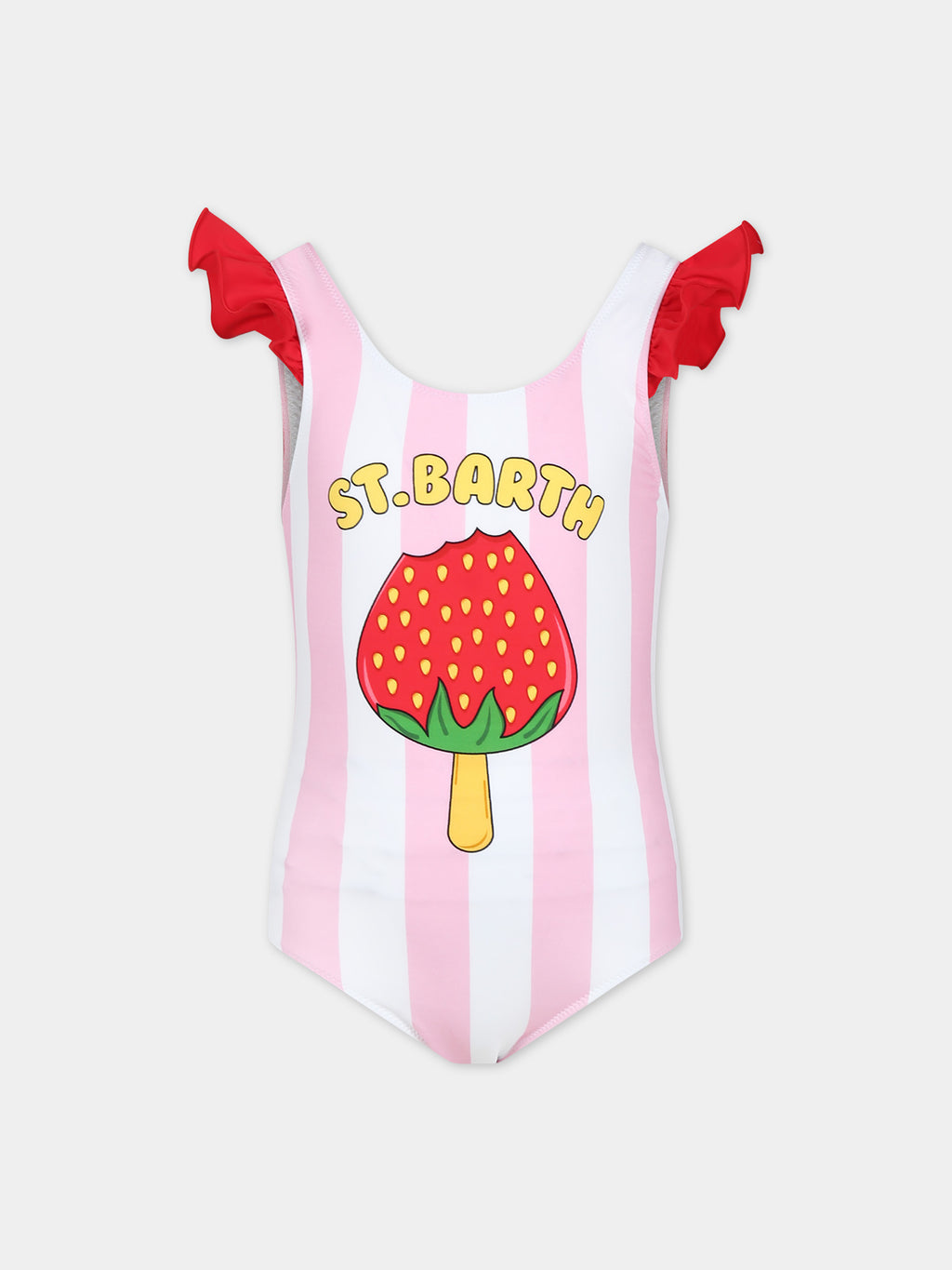 Costume rosa per bambina con fragola e logo