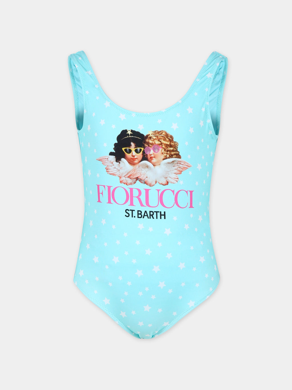 Light blue swimsuit for girl with Angels print