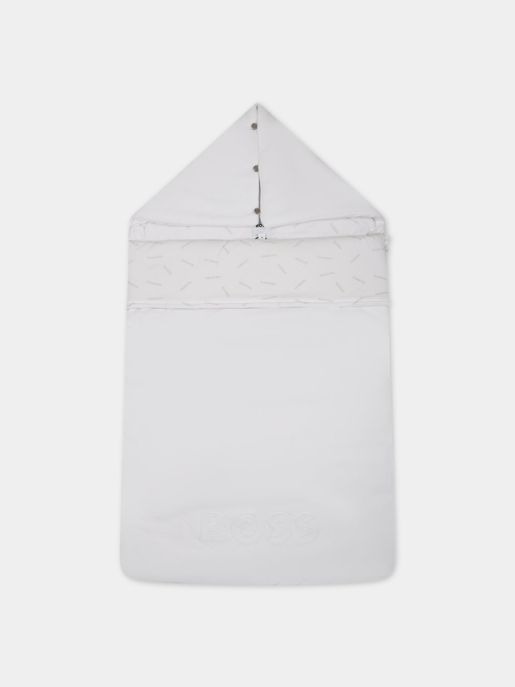 White sleeping bag for baby boy with logo