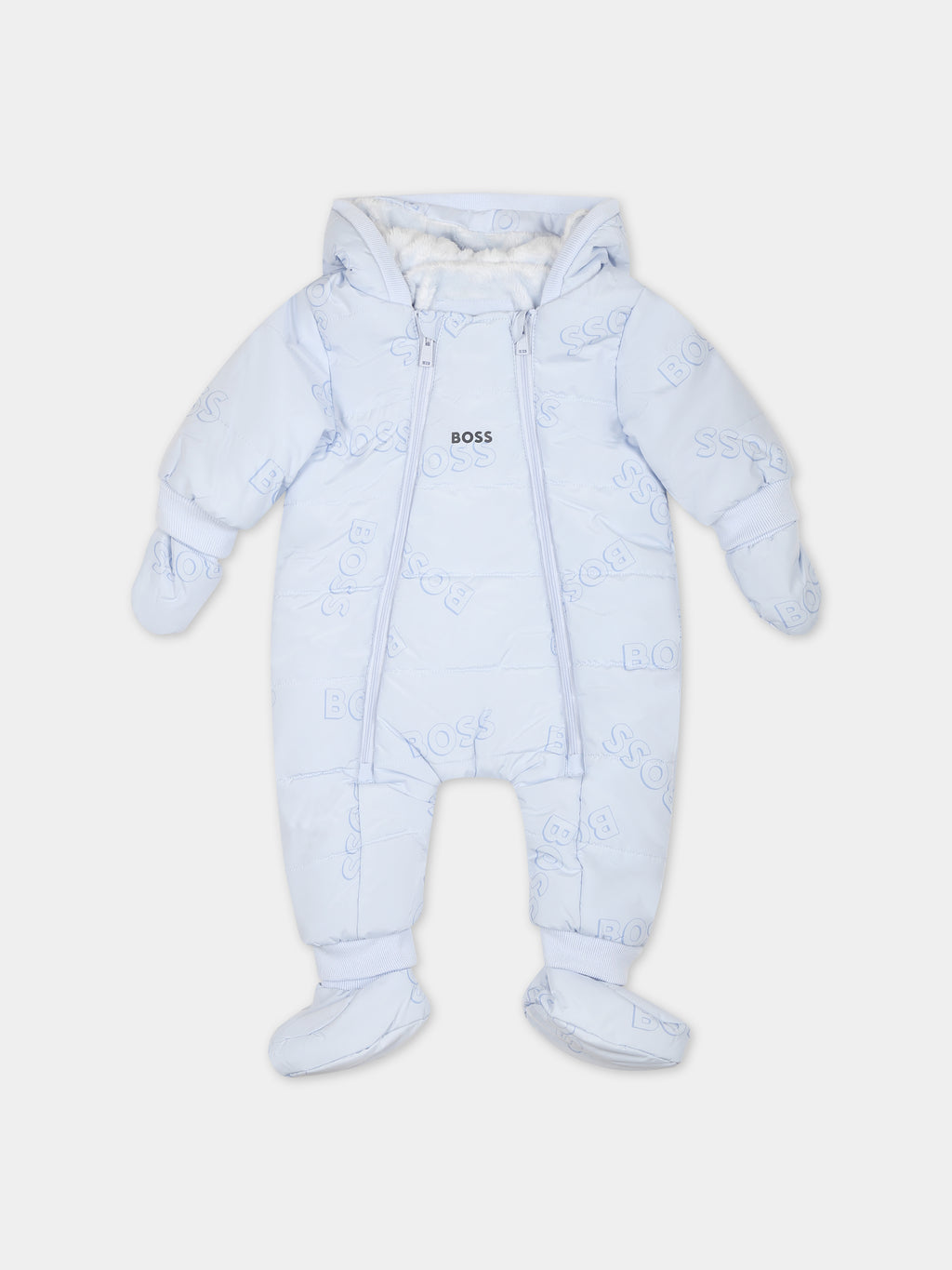Light blue down jacket for baby boy with logo