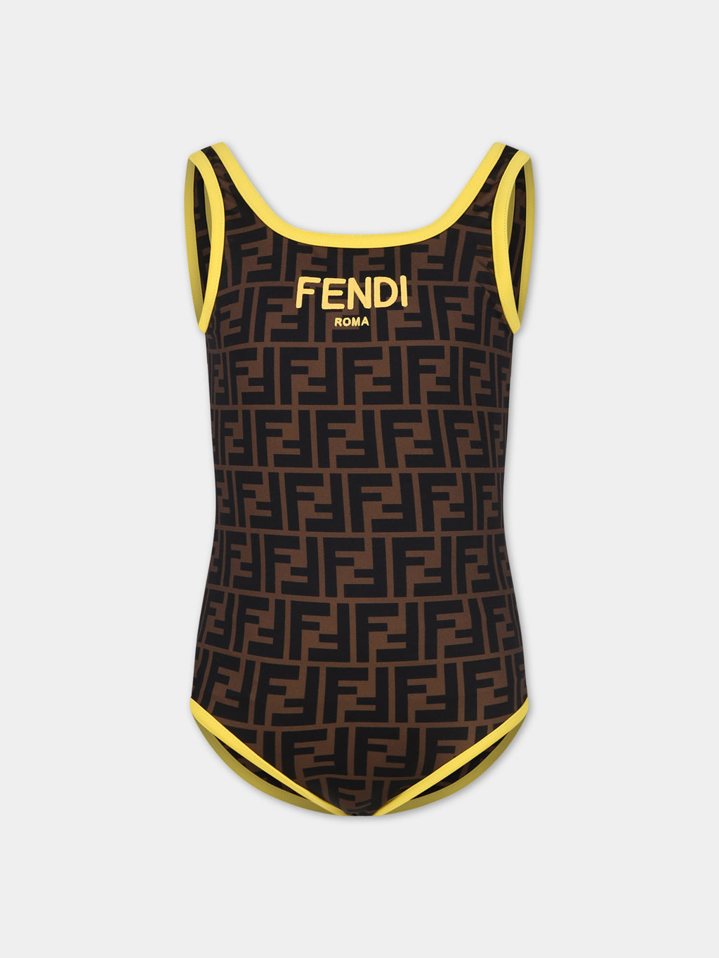 Brown swimsuit for girl with iconic FF and Fendi logo