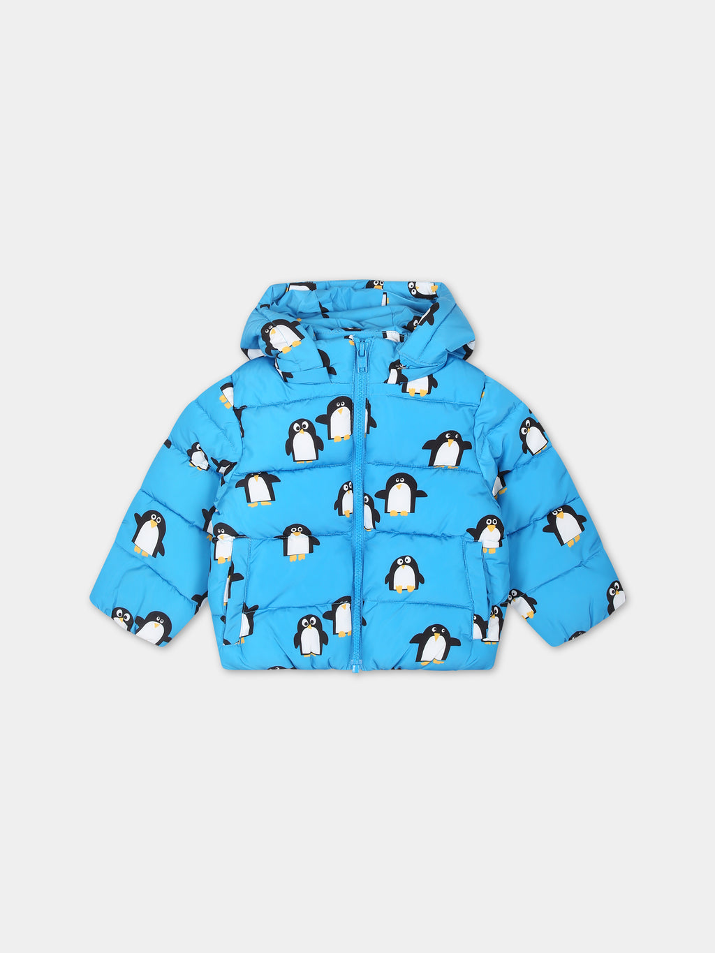 Down jacket for baby boy with all-over penguins print