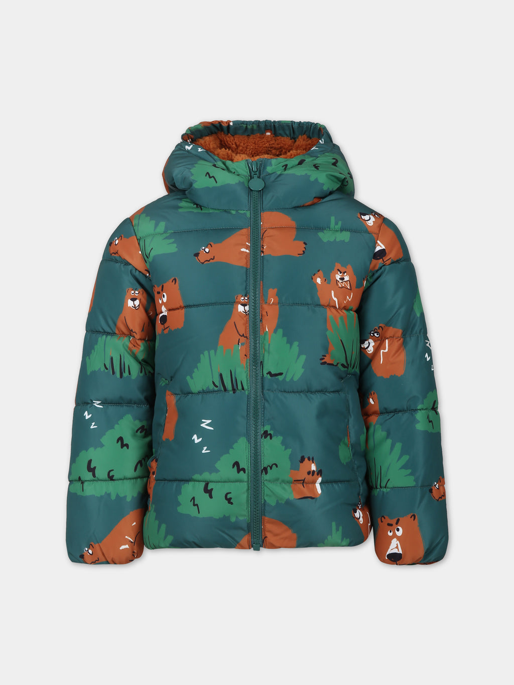 Down jacket for kid with all-over bears print