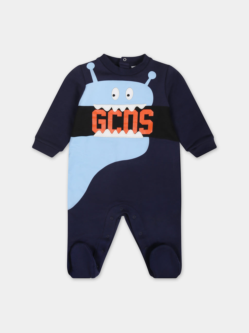 Blue baby grow for baby boy with monster and logo