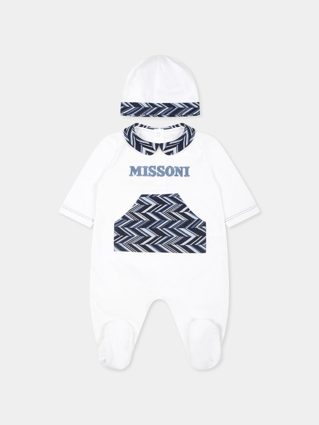 White babygrow set for baby boy with chevron pattern