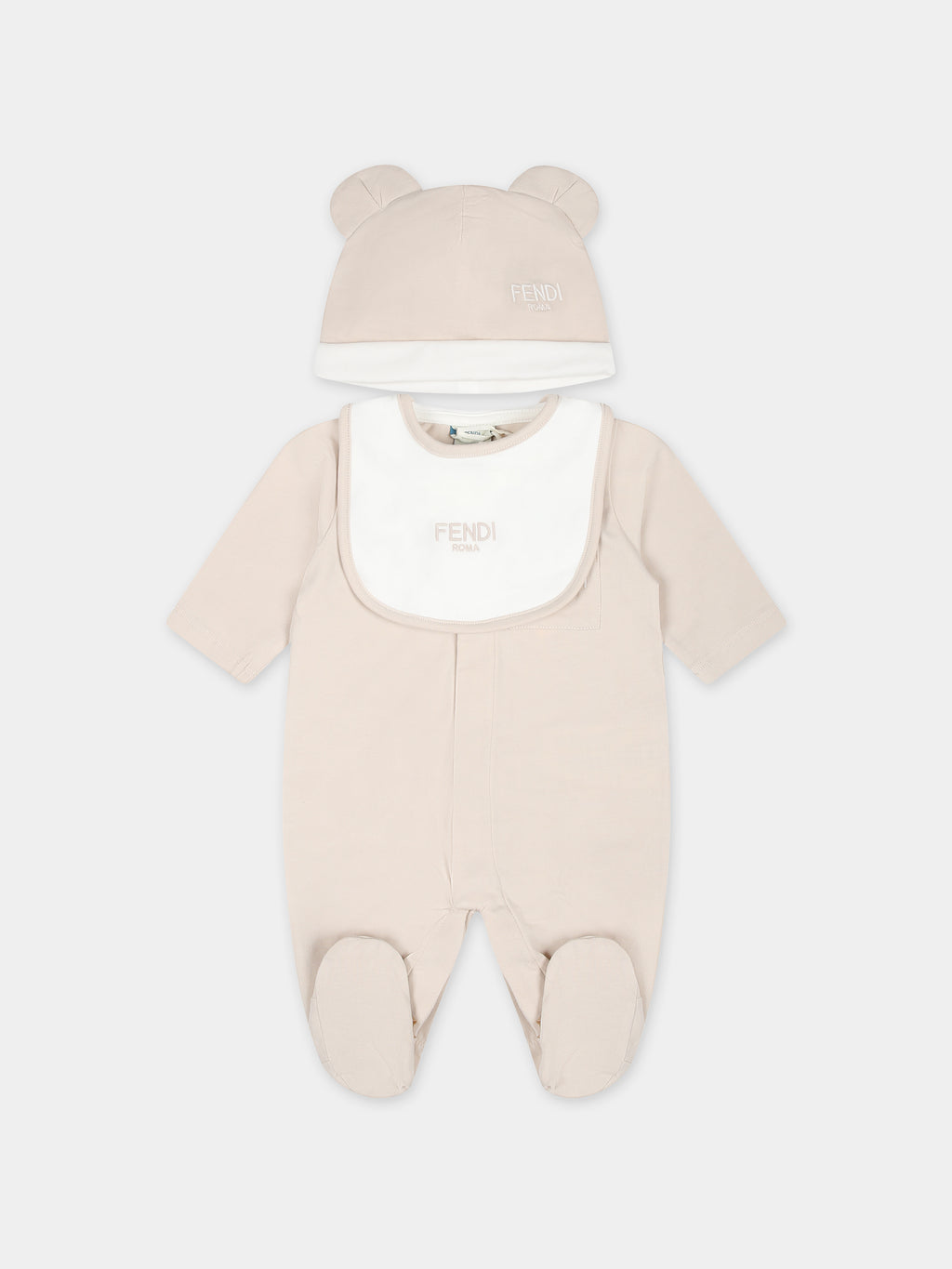 Beige babygrow set for babykids with bear and Fendi logo