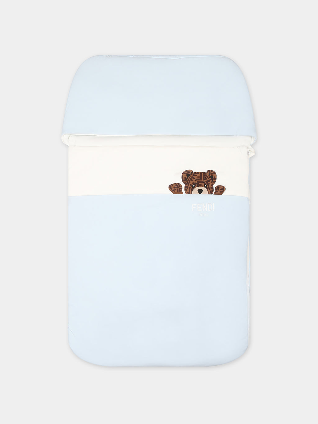 Light blue sleeping bag for baby boy with bear and Fendi logo