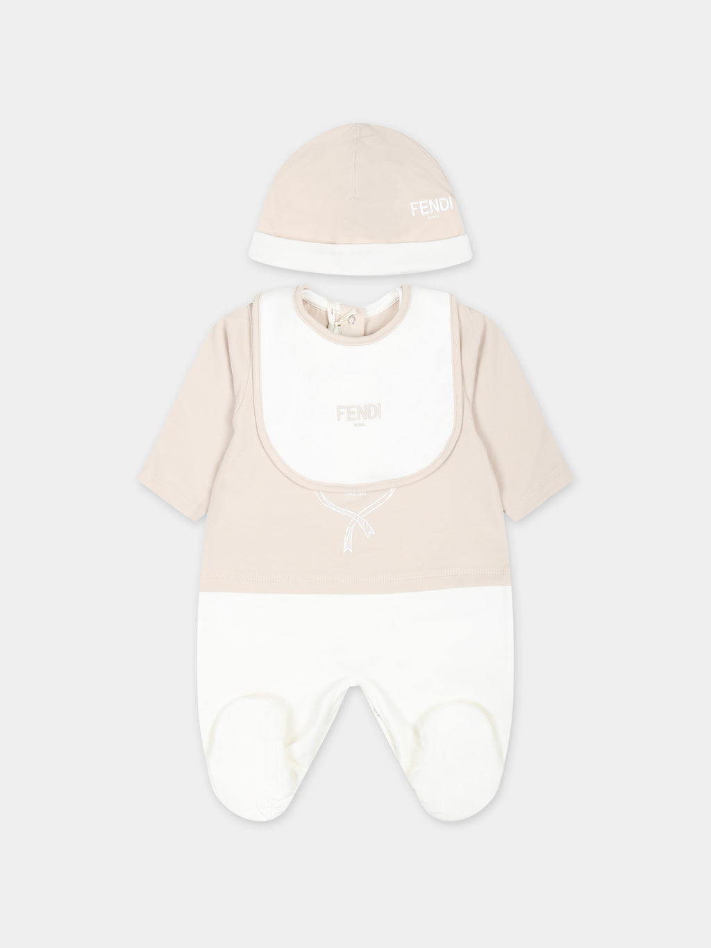 Beige babygrow set for babykids with Fendi emblem