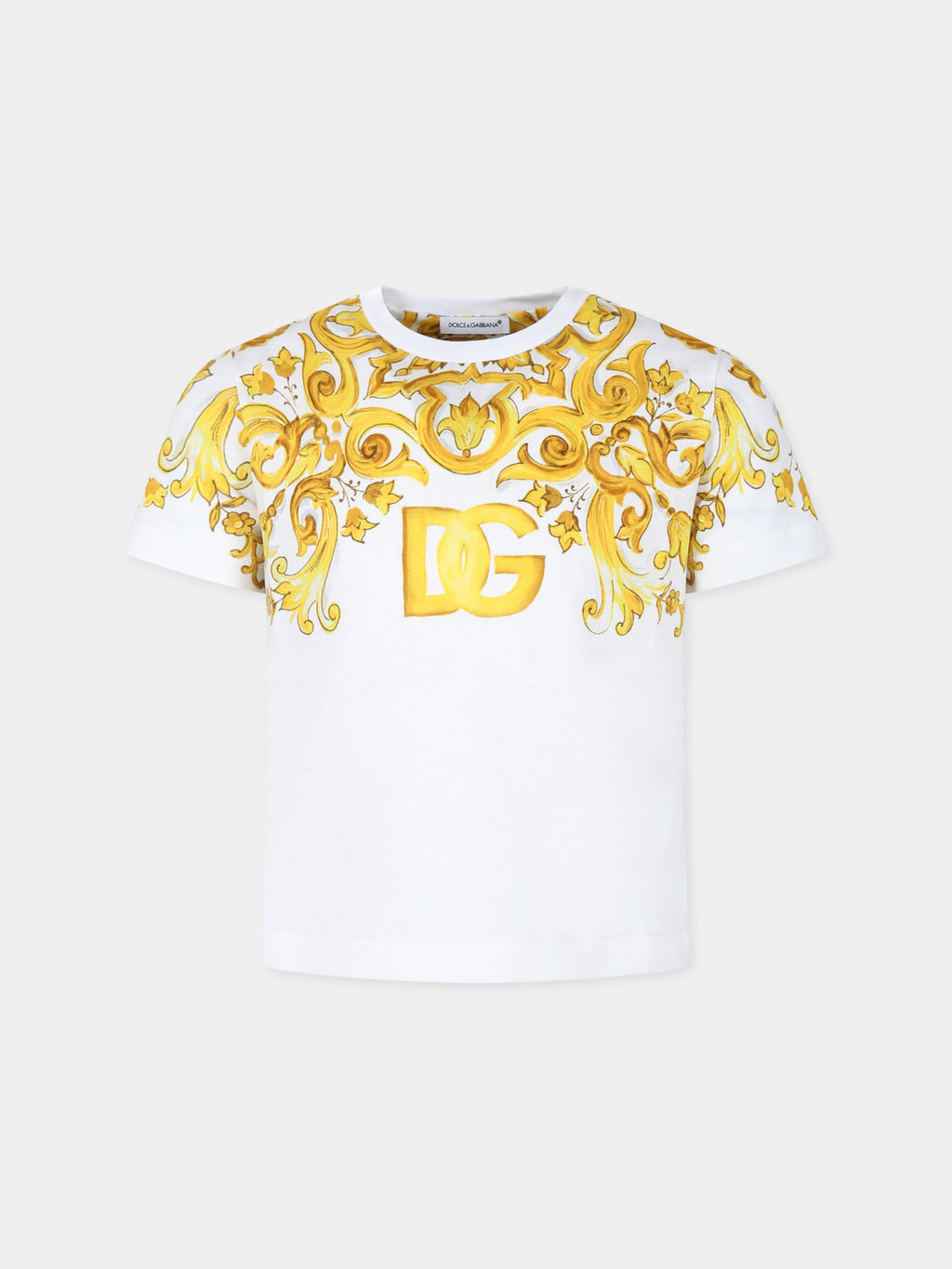 White t-shirt for girl with logo DG and yellow majolica