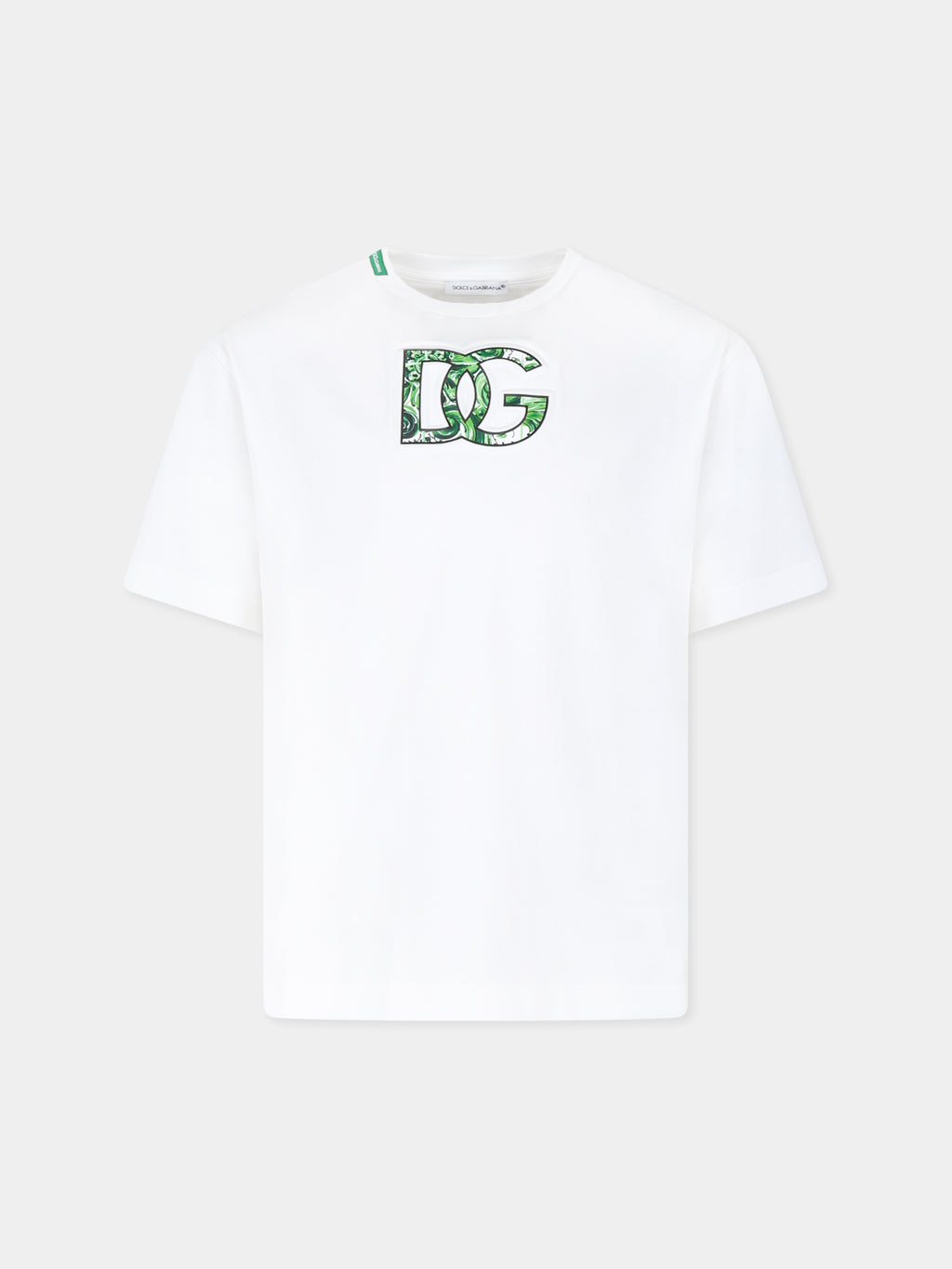 White t-shirt for boy with logo DG and green majolica