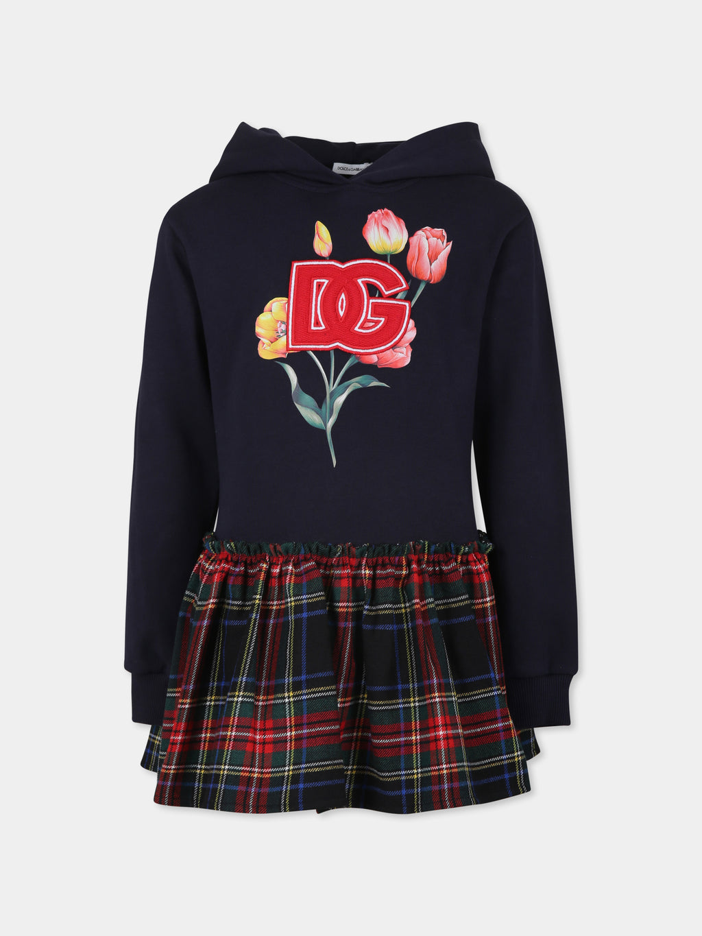 Vestito blu per bambina con tulipani e logo