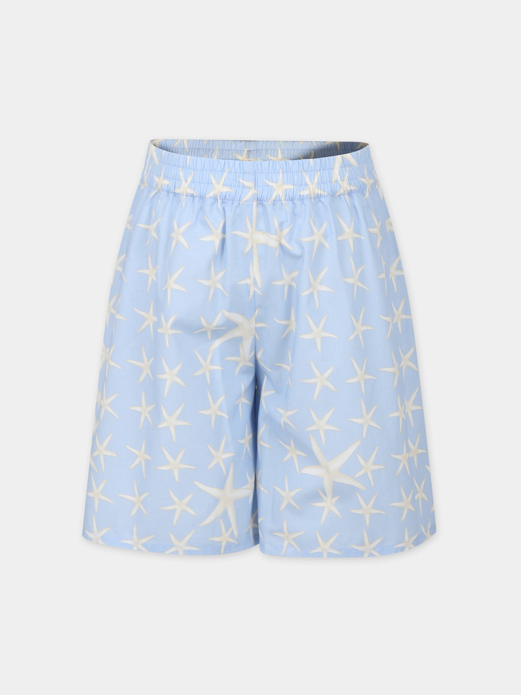 Light blue shorts for boy with sea shells print