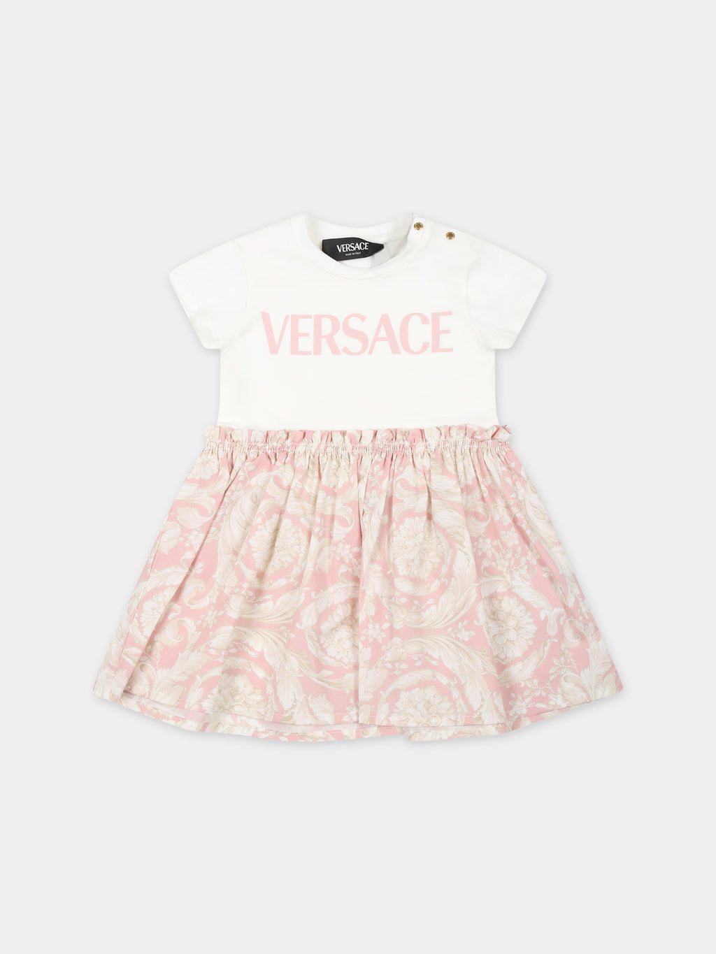 Pink dress for baby girl with logo and Baroque print