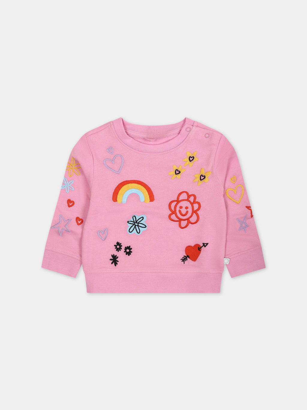 Sweat-shirt rose pour bébé fille avec broderies multicolores all-over